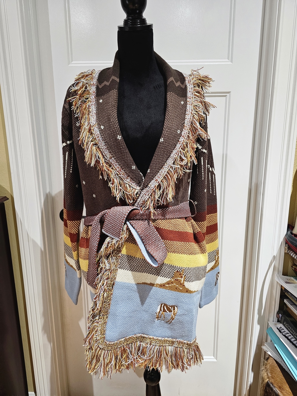 Multicolor Fringed Belted Knit Sweater Jacket with Embroidered Horses,